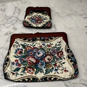 Vintage tapestry clutch bag with big bouquet and coin purse Bakelite handles